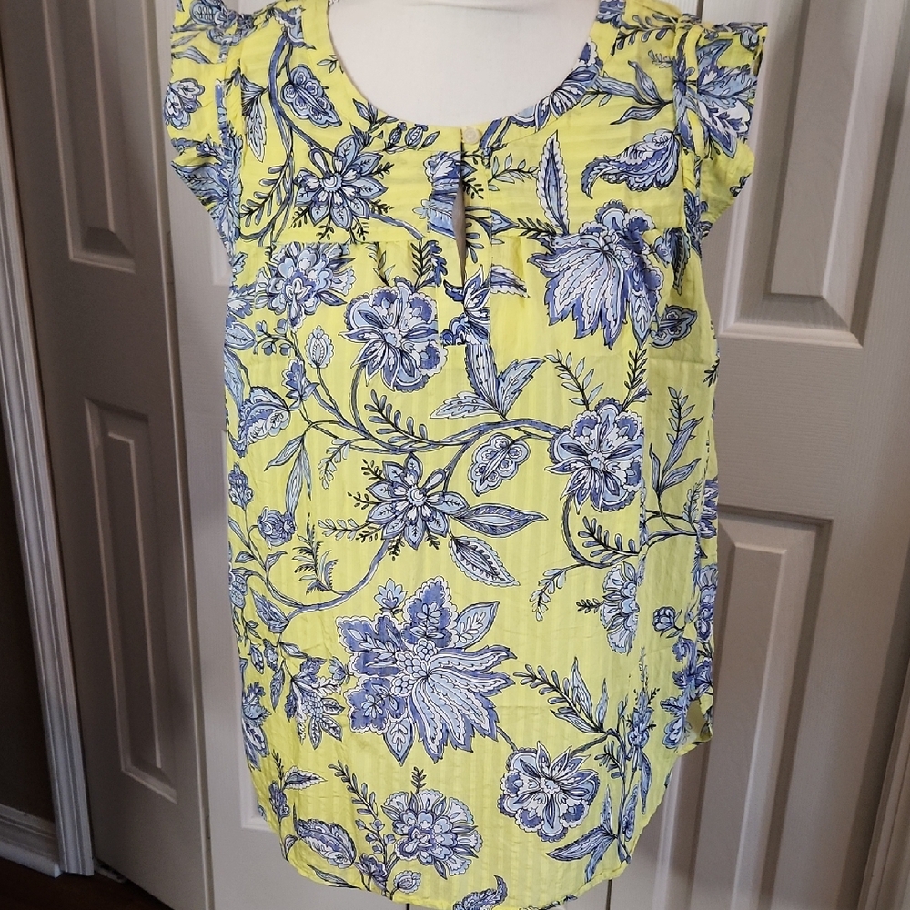 LOFT Yellow and Blue Blouse Vibrant Floral Design